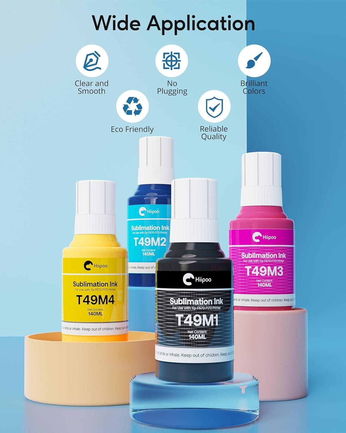 Hiipoo 560ML T49M Sublimation Ink for Epson Surecolor F170 F570 Sublimation Printer(T49M1 T49M2 T49M3 T49M4 Autofill/ICC-Free/Anti-UV).