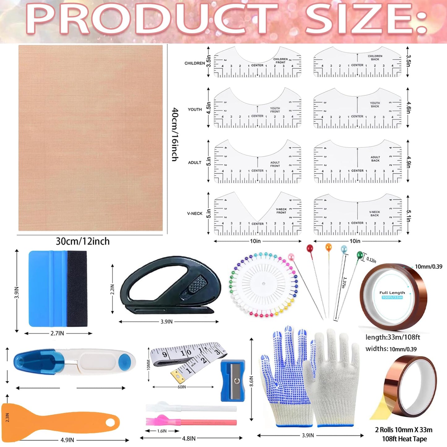 XEUZK Sublimation Shirts Tool Kits with 8 T Shirt rulers, 3Pack Teflon Sheet for Heat Press 12 x 16in, Heat Resistant Gloves with Silicone Bumps, 2 Rolls Heat Resistant Tape, 2Pcs Sublimation Pencil.