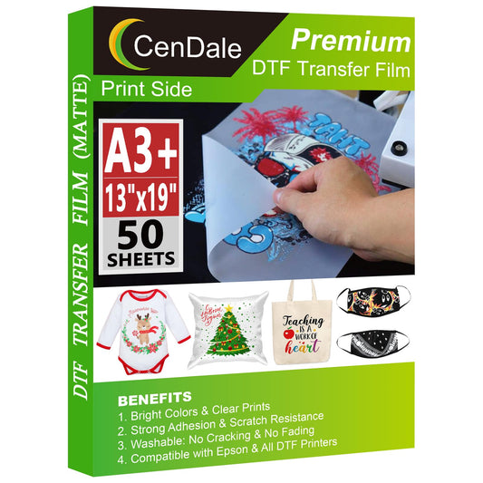 CenDale DTF Transfer Film A3+ 13"x19" - 120 Sheets Double-Sided Matte DTF Film for Sublimation Hack, Direct to Film Printing on All Fabric and Colors T-Shirts Textile, Hot & Cold Peel DTF Paper