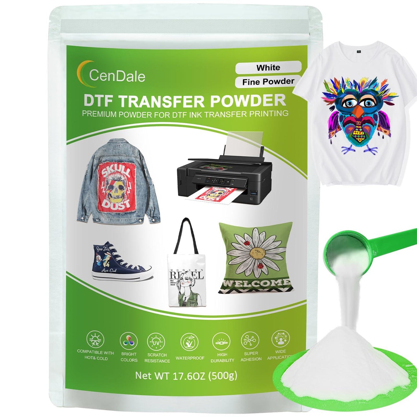 CenDale DTF Powder Kit, Includes Fine Medium, White Black Digital DTF Transfer Powder for Sublimation, Compatible with DTF and DTG Printers, DTF PreTreat Powder for All Fabric Jeans Cotton T-Shirt.