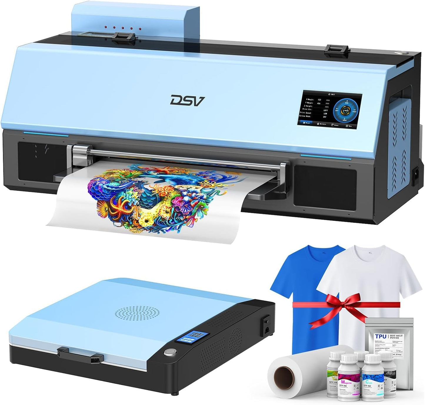 DSV A3 XP600 DTF Printer with Shaker & Air Purifier, 2X Faster Than L1800, 4.5" LED Touch Screen, White Ink Circulation & Auto-Cleaning, 24/7 Auto-Maintenance, 2-Year Free Ink for T-Shirt Printing.
