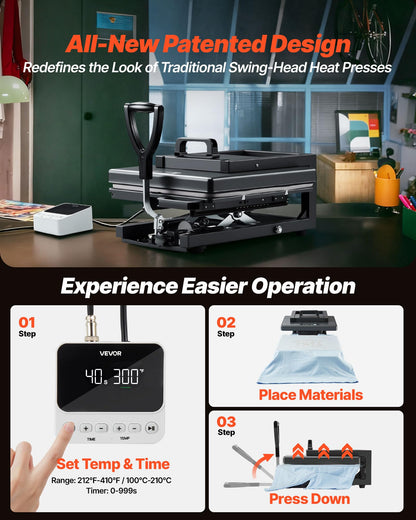 VEVOR 2 in 1 Heat Press Machine for T Shirts and Hats, 15x15 Inch Professional Swing Away Digital Tshirt Press Machine for Sublimation, Vinyl, Heat Transfer Projects.