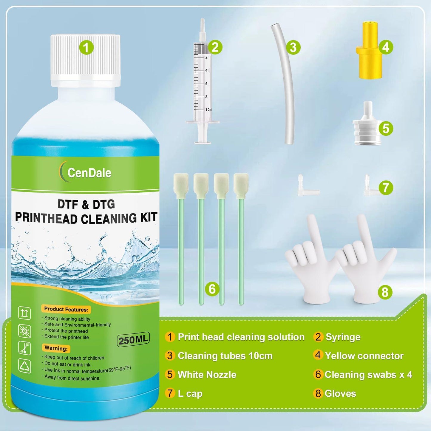 CenDale Premium DTF Printhead Cleaning Solution - Universal Printhead Cleaner Kit for Any DTF & DTG Printers, Print Head Cleaning Kit for Epson ET8550 L1800 XP15000 R1390 XP600 Ink Printer (100ML)