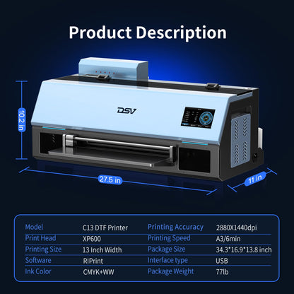 DSV A3 XP600 DTF Printer with Shaker & Air Purifier, 2X Faster Than L1800, 4.5" LED Touch Screen, White Ink Circulation & Auto-Cleaning, 24/7 Auto-Maintenance, 2-Year Free Ink for T-Shirt Printing