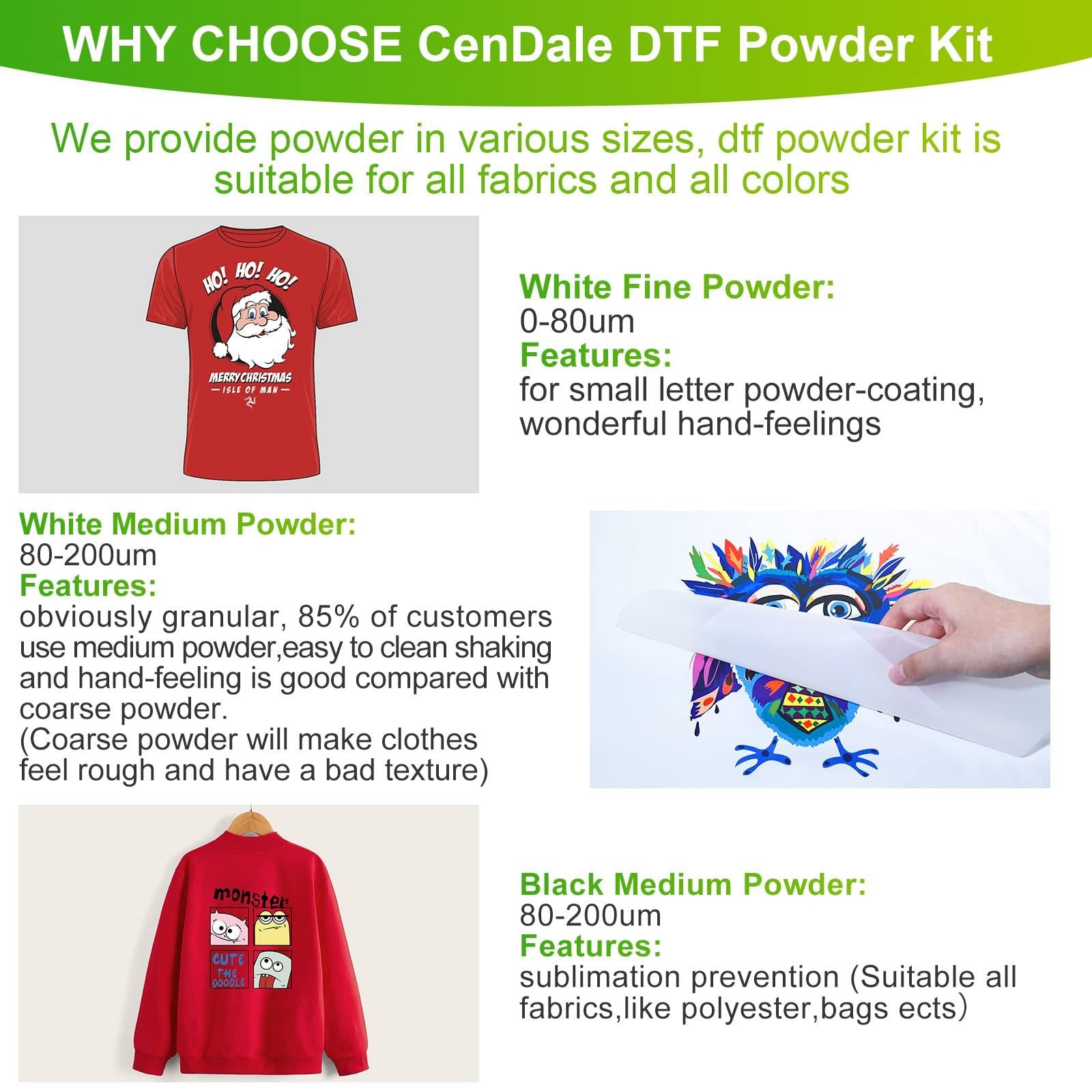 CenDale DTF Powder Kit, Includes Fine Medium, White Black Digital DTF Transfer Powder for Sublimation, Compatible with DTF and DTG Printers, DTF PreTreat Powder for All Fabric Jeans Cotton T-Shirt.