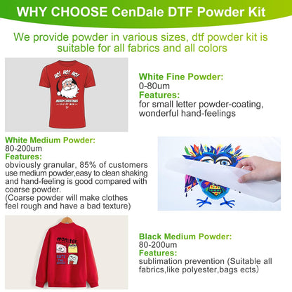 CenDale DTF Powder Kit, Includes Fine Medium, White Black Digital DTF Transfer Powder for Sublimation, Compatible with DTF and DTG Printers, DTF PreTreat Powder for All Fabric Jeans Cotton T-Shirt.