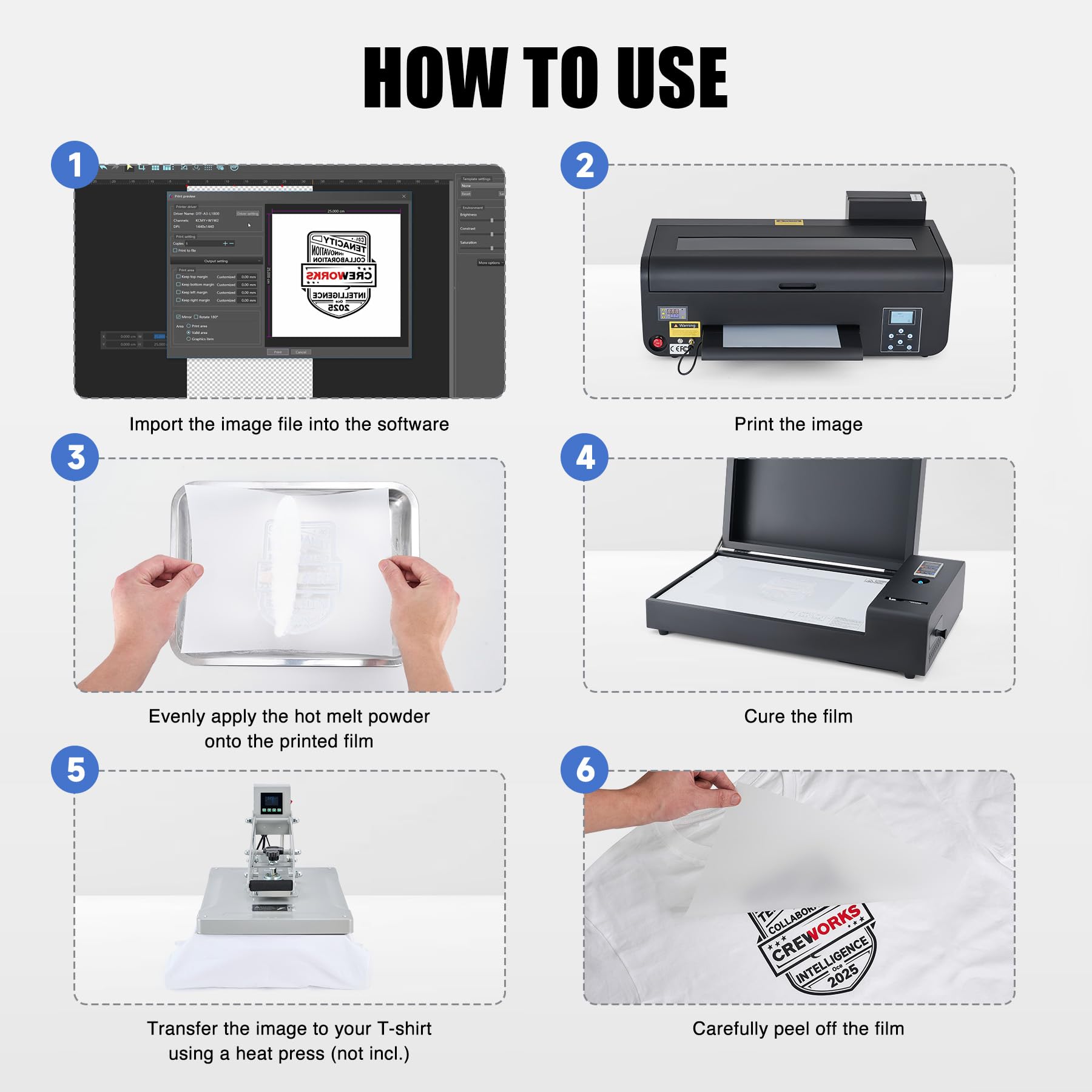 CREWORKS XP600 A3 DTF Printer, Transfer Printing Machine with White Ink Circulation & Stirring System, Auto Cleaning DTF Transfer Printer, T-Shirt Direct to Film with Oven Film Roll & Inks.