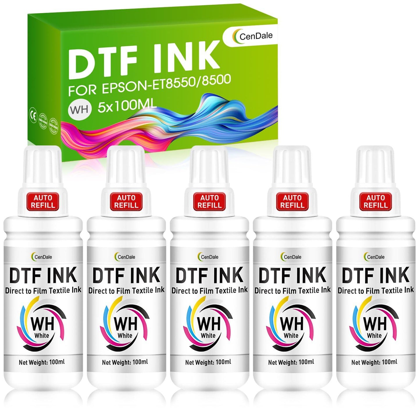 CenDale Upgraded Auto-Fill DTF Ink - 700ML DTF Transfer Ink for Epson ET-8550 ET-8500 Printers, Heat Transfer Printing Set 100ml x 4 CMYK, 150 x 2 White (Anti-UV/ICC-Free).
