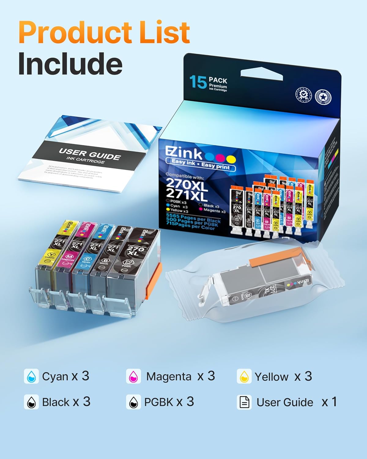 E-Z Ink 270 271 XL Ink Compatible for Canon 270 271 PGI-270XL CLI-271XL Ink Cartridges to use with Canon Pixma TS6020 TS9020 MG7720 MG6821 MG5720 MG5721 MG5722 MG6820 MG6822 TS5020 TS8020,15 Pack.