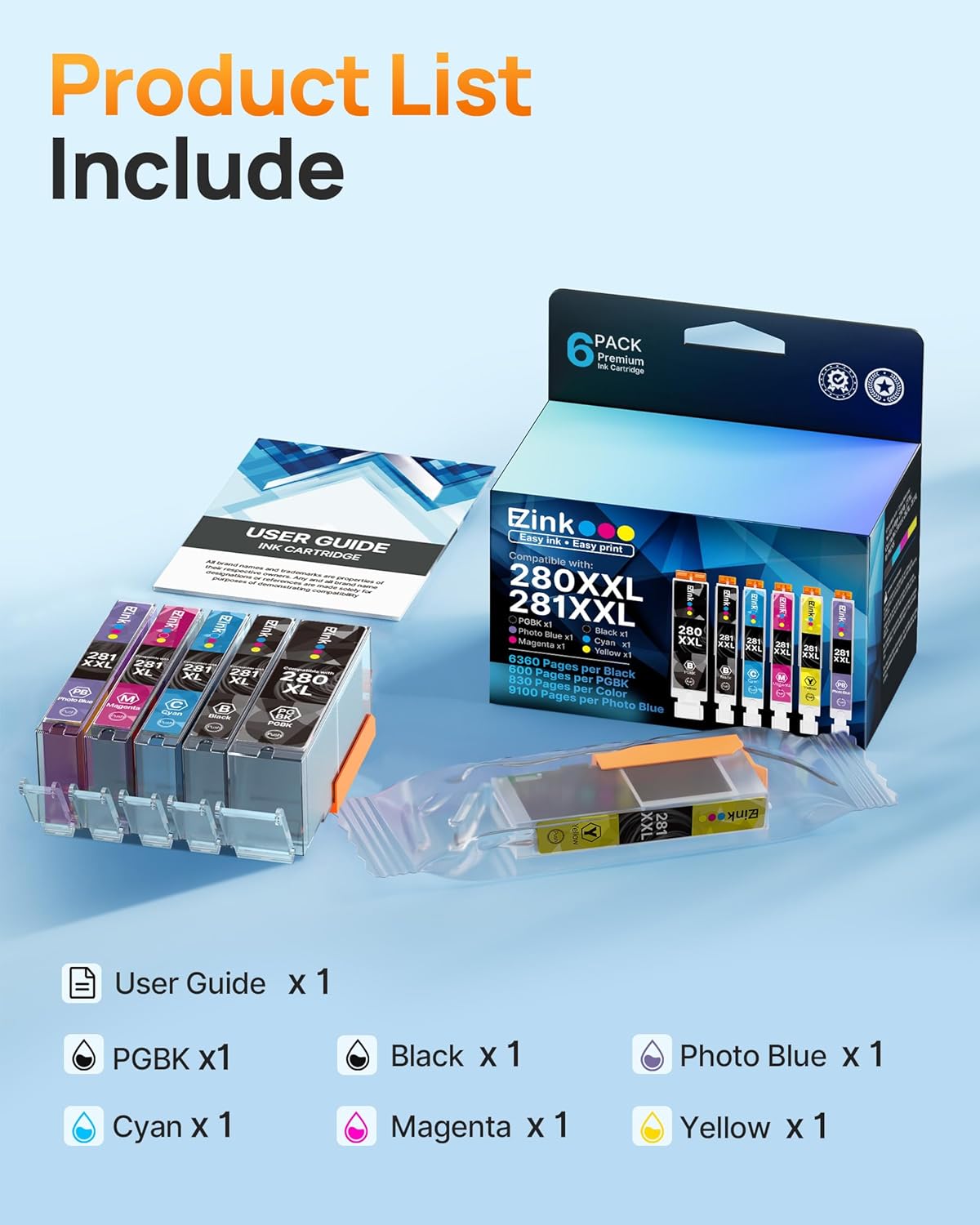 E-Z Ink Compatible TS9120 Ink Cartridge Replacement for Canon PGI-280XXL CLI-281XXL PGI 280XXL CLI 281XXL to use with PIXMA TS8320 TS8220 TS8120 (PGBK, Black, Photo Blue, Cyan, Magenta, Yellow) 6 Pack.