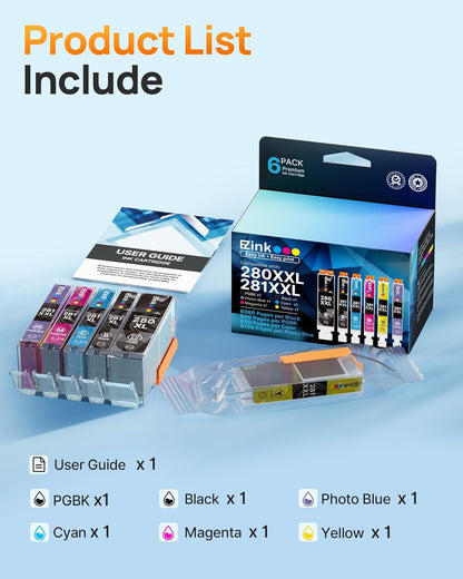 E-Z Ink Compatible TS9120 Ink Cartridge Replacement for Canon PGI-280XXL CLI-281XXL PGI 280XXL CLI 281XXL to use with PIXMA TS8320 TS8220 TS8120 (PGBK, Black, Photo Blue, Cyan, Magenta, Yellow) 6 Pack.