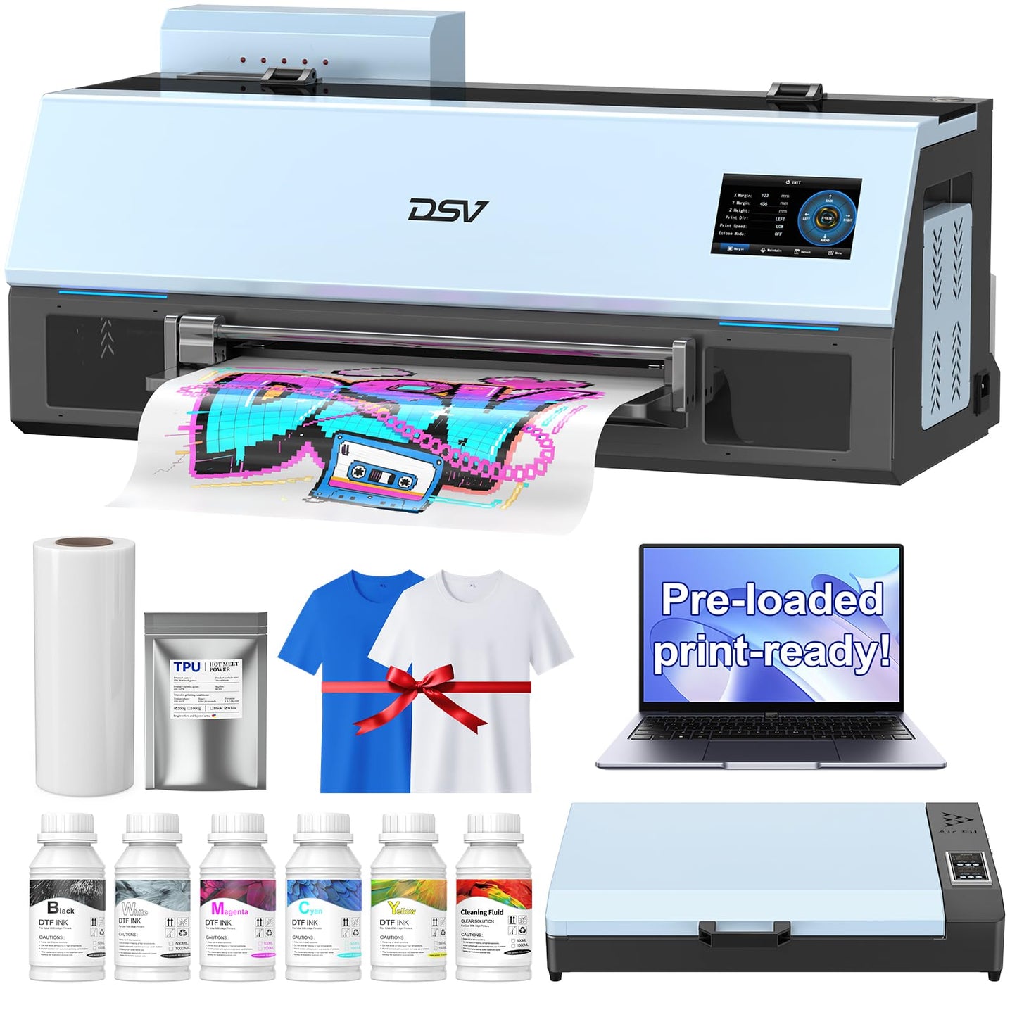 DSV A3 XP600 DTF Printer with Shaker & Air Purifier, 2X Faster Than L1800, 4.5" LED Touch Screen, White Ink Circulation & Auto-Cleaning, 24/7 Auto-Maintenance, 2-Year Free Ink for T-Shirt Printing.
