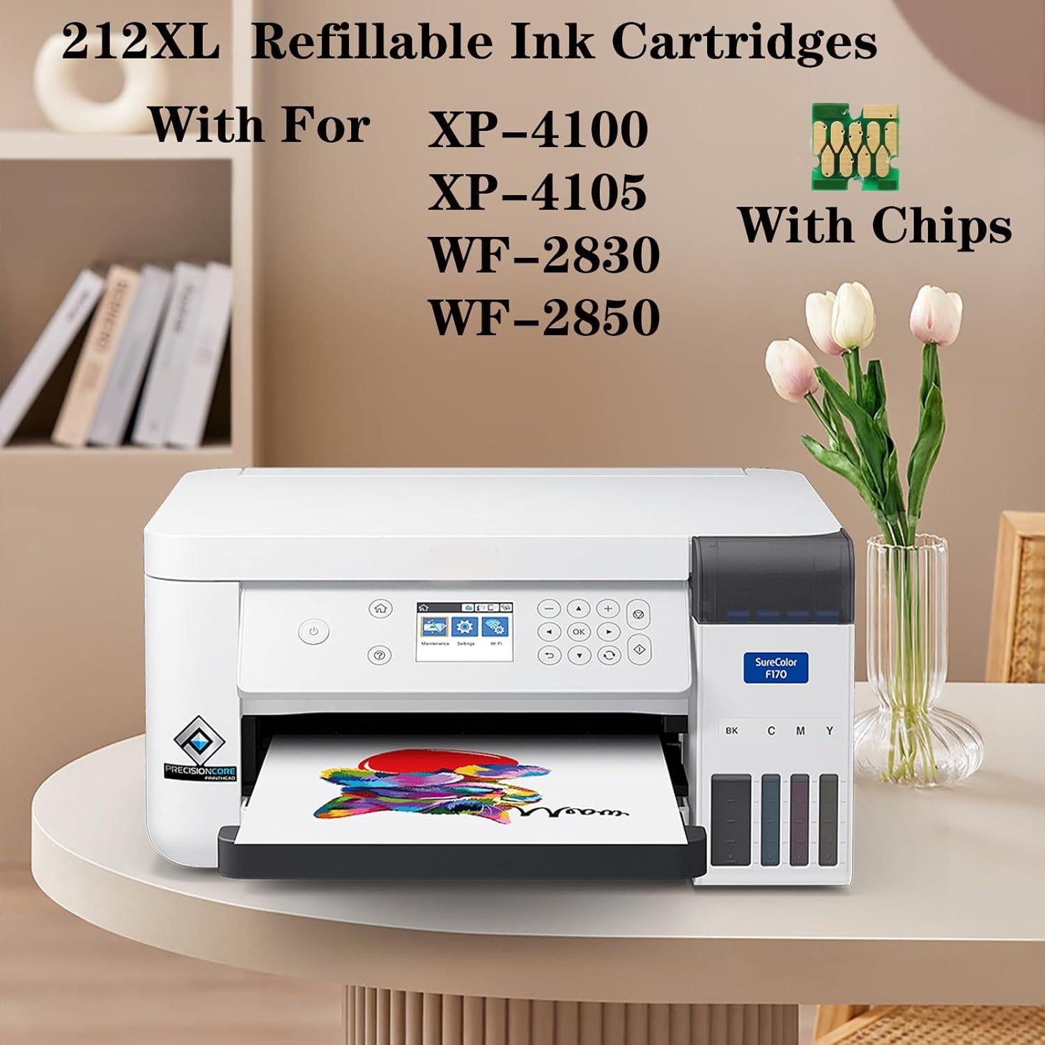 Remanufactured 212XL Refillable Empty Sublimation Ink Cartridges with a Single-use Chip 212XL Workforce Pro XP-4100 XP-4105 WF-2830 WF-2850 Printers Used for Regular Or Sublimation Printing.