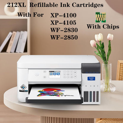 Remanufactured 212XL Refillable Empty Sublimation Ink Cartridges with a Single-use Chip 212XL Workforce Pro XP-4100 XP-4105 WF-2830 WF-2850 Printers Used for Regular Or Sublimation Printing.