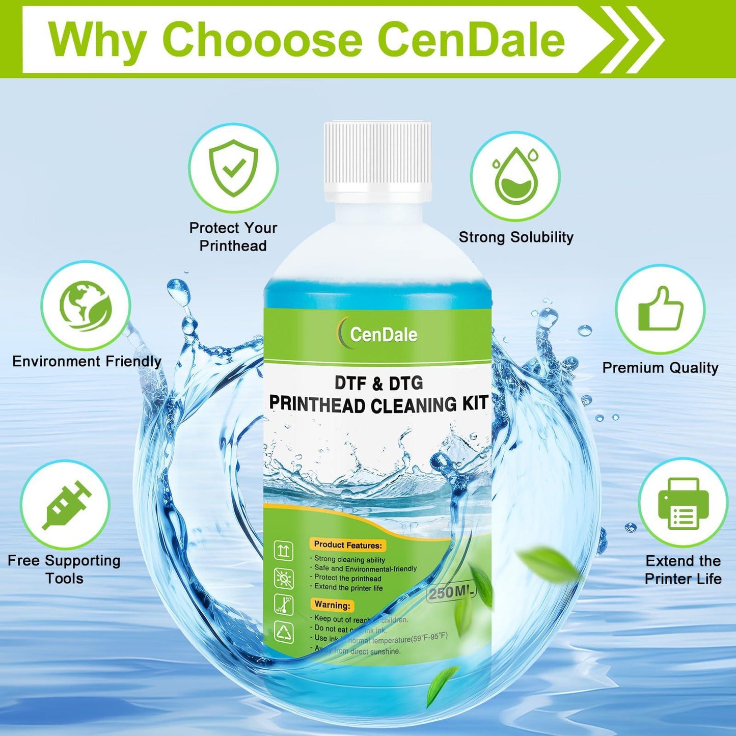 CenDale Premium DTF Printhead Cleaning Solution - Universal Printhead Cleaner Kit for Any DTF & DTG Printers, Print Head Cleaning Kit for Epson ET8550 L1800 XP15000 R1390 XP600 Ink Printer (100ML)
