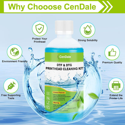 CenDale Premium DTF Printhead Cleaning Solution - Universal Printhead Cleaner Kit for Any DTF & DTG Printers, Print Head Cleaning Kit for Epson ET8550 L1800 XP15000 R1390 XP600 Ink Printer (100ML)