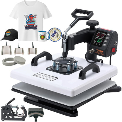 VEVOR Heat Press Machine, 15 x 15 in, 2-in-1 Multifunction, 360° Swing Away, 1200W Double Tube Fast and Even Heating, Digital Precise Control, Sublimation Press Machine for T-Shirts, Hats, Caps.
