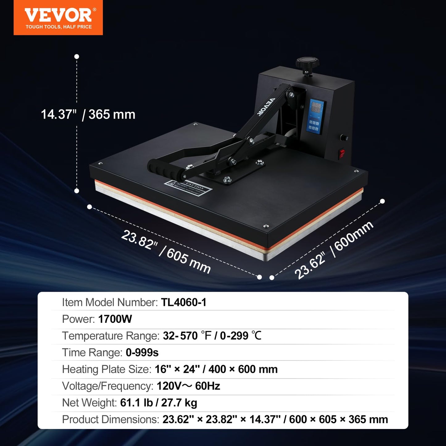 VEVOR Heat Press 16x24, 1700W Power Heat Press Machine, Fast Heating, High Pressure Heat Press Machine for T-Shirt, Digital Industrial Sublimation Printer for Heat Transfer Vinyl, Easy to Use, Black.