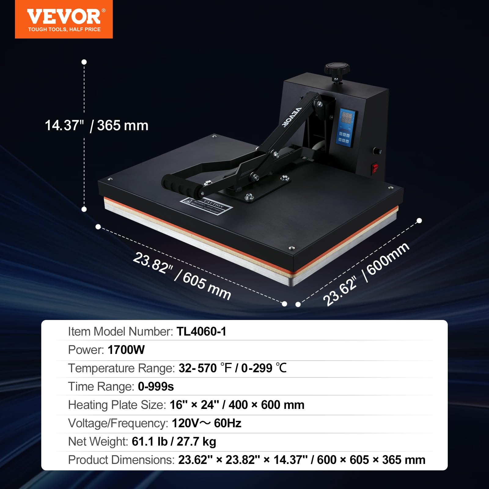 VEVOR Heat Press 16x24, 1700W Power Heat Press Machine, Fast Heating, High Pressure Heat Press Machine for T-Shirt, Digital Industrial Sublimation Printer for Heat Transfer Vinyl, Easy to Use, Black.