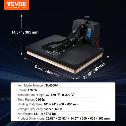 VEVOR Heat Press 16x24, 1700W Power Heat Press Machine, Fast Heating, High Pressure Heat Press Machine for T-Shirt, Digital Industrial Sublimation Printer for Heat Transfer Vinyl, Easy to Use, Black.