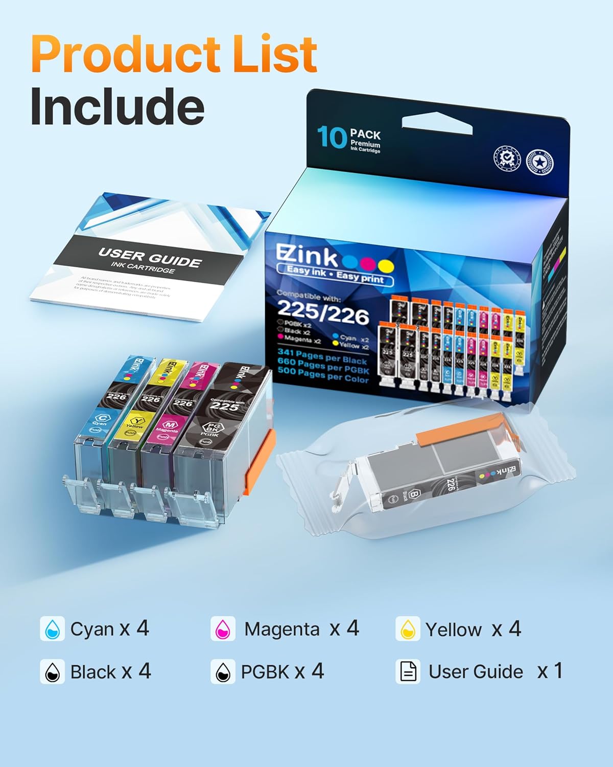 E-Z Ink Compatible Ink Cartridge Replacement for Canon PGI-225 CLI-226 PGI225 CLI226 Compatible with PIXMA MX882 MX892 MG5320 MG6220 (2 PGBK, 2 Cyan, 2 Magenta, 2 Yellow, 2 Small Black) 10Pack.