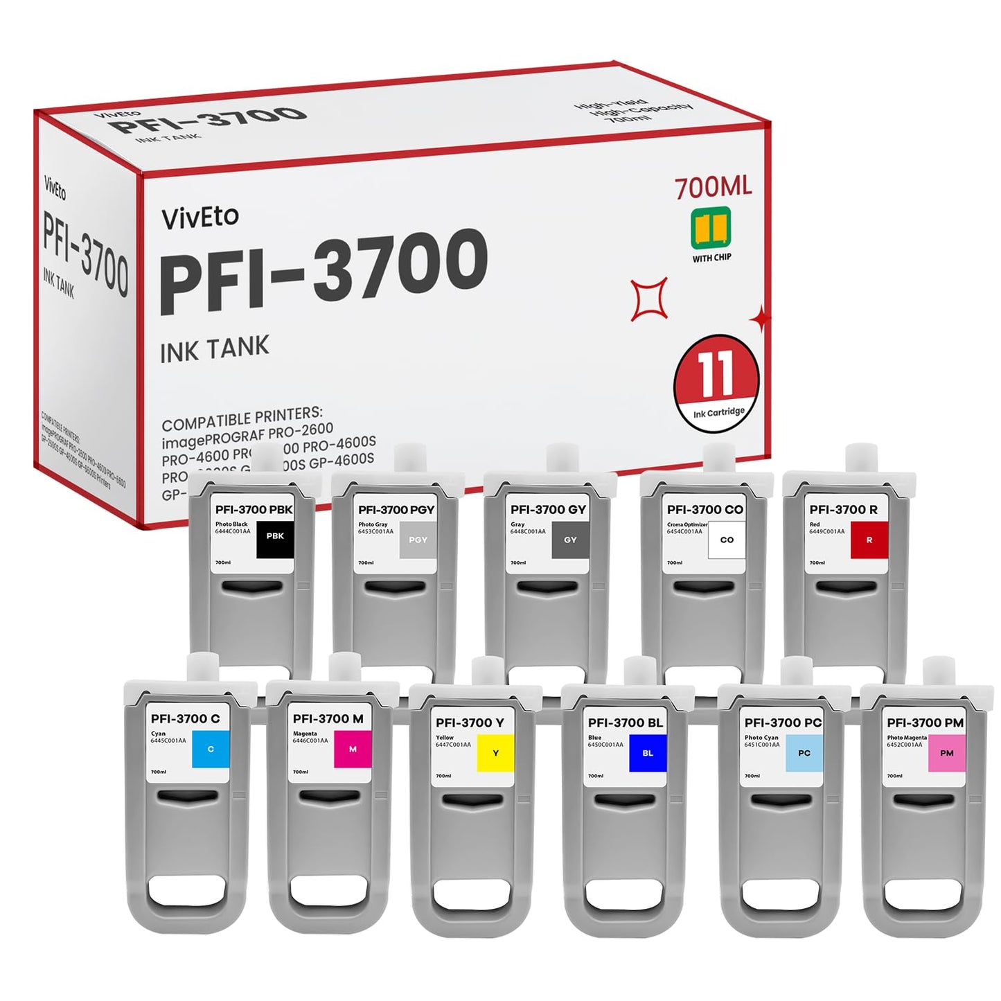 PFI-3700 Pigment Ink Tank 700ml Set (with New Chip) Replacement for Canon PFI-3700 Ink Bundle for imagePROGRAF PRO-2600 PRO-4600 PRO-6600 PRO-4600S PRO-6600S Printers (PBK/GY/C/M/Y/R/B/PC/PM/PGY/CO).