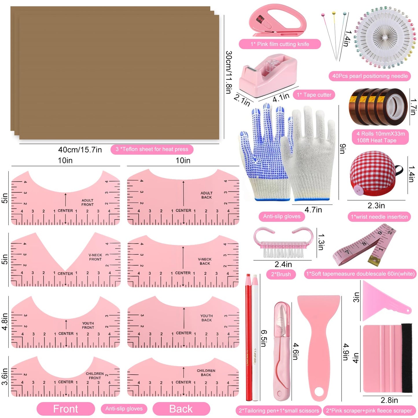 XEUZK Sublimation Shirts Tool Kits with 8 T Shirt rulers, 3Pack Teflon Sheet for Heat Press 12 x 16in, Heat Resistant Gloves with Silicone Bumps, 2 Rolls Heat Resistant Tape, 2Pcs Sublimation Pencil.