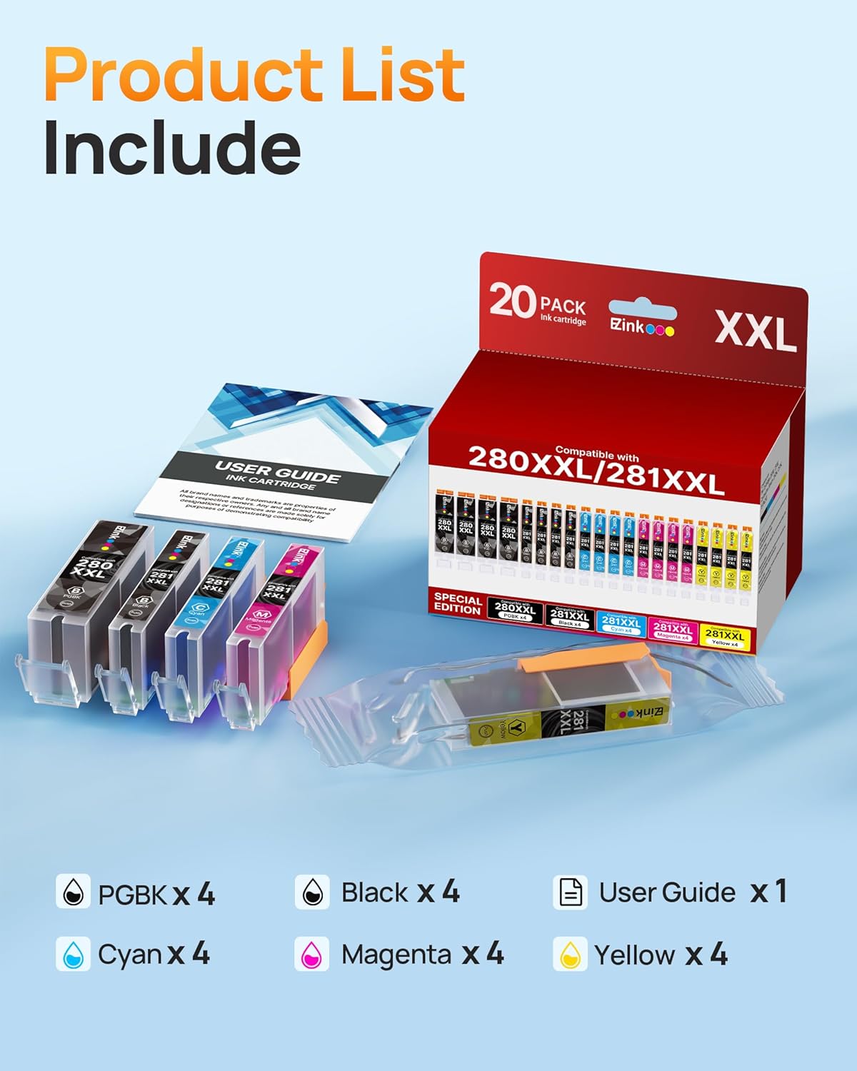 20 Pack 280XXL 281XXL Ink Cartridges Replacement for Canon 280 281 Ink cartridges PGI280XXL CLI281XXL Compatible with PIXMA TR8620a TR8520 TR8620 TR8600 TR7520 TS6120 TS6220 TS9120 TS8220 TS6320.