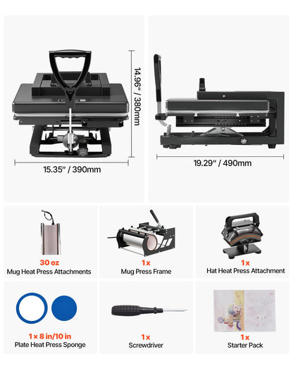 VEVOR 2 in 1 Heat Press Machine for T Shirts and Hats, 15x15 Inch Professional Swing Away Digital Tshirt Press Machine for Sublimation, Vinyl, Heat Transfer Projects.