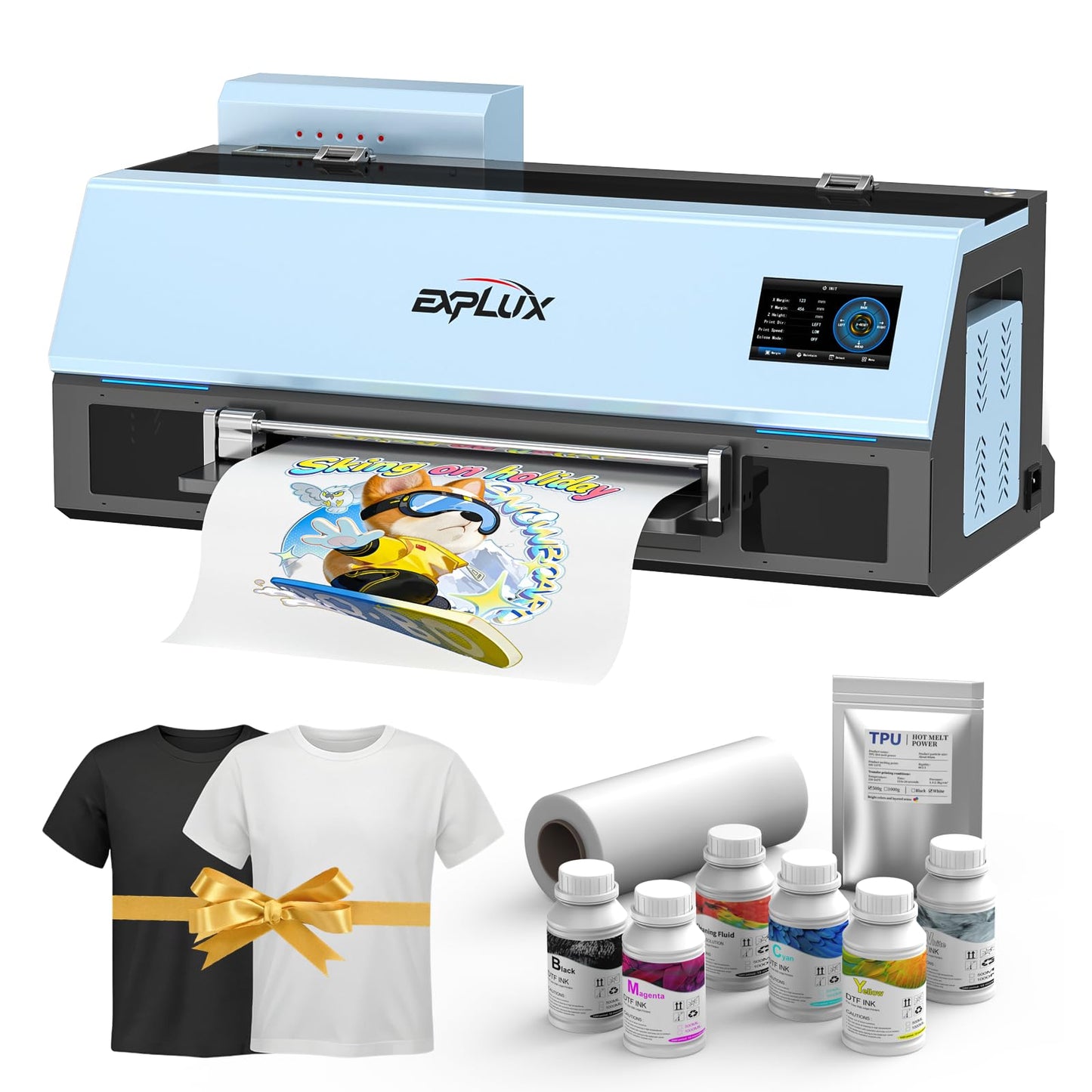 EXPLUX A4 DTF Printer with XP600 Anti-Clogging Printhead, 200% High-Speed Printing, Built-in White Stirring System for DIY T-Shirts & All Textiles, 2-Year Ink Included (A4, Printer+Oven).