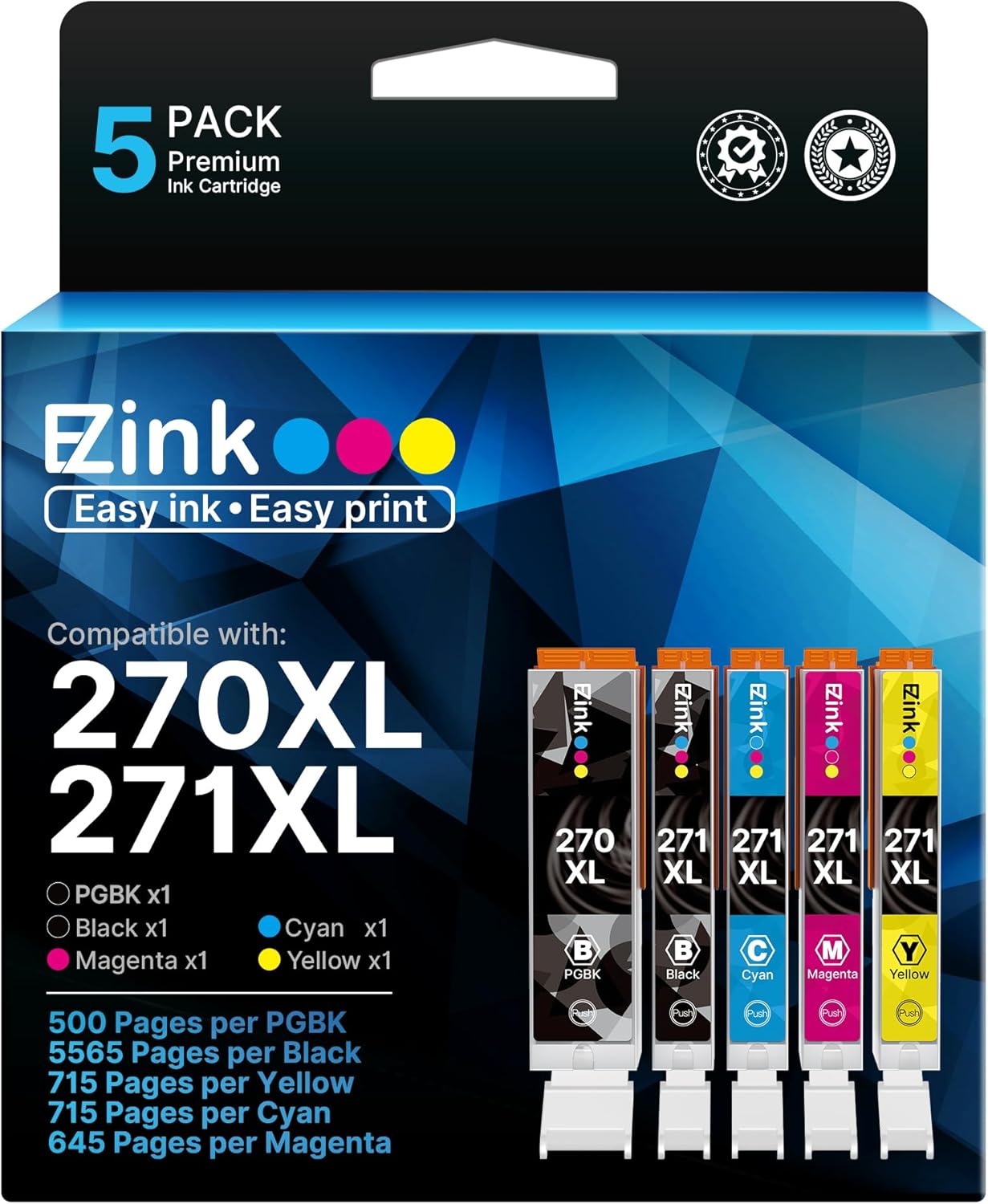 270XL 271XL Printer Ink Compatible for Canon PGI-270XL CLI-271XL Ink Cartridges to use with MG5720 MG6820 TS5020 TS6020 MG7720 TS9020 TS8020 MG5721 MG5722 MG6821 MG6822, 5 Color (PGBK, BK, C, M, Y).