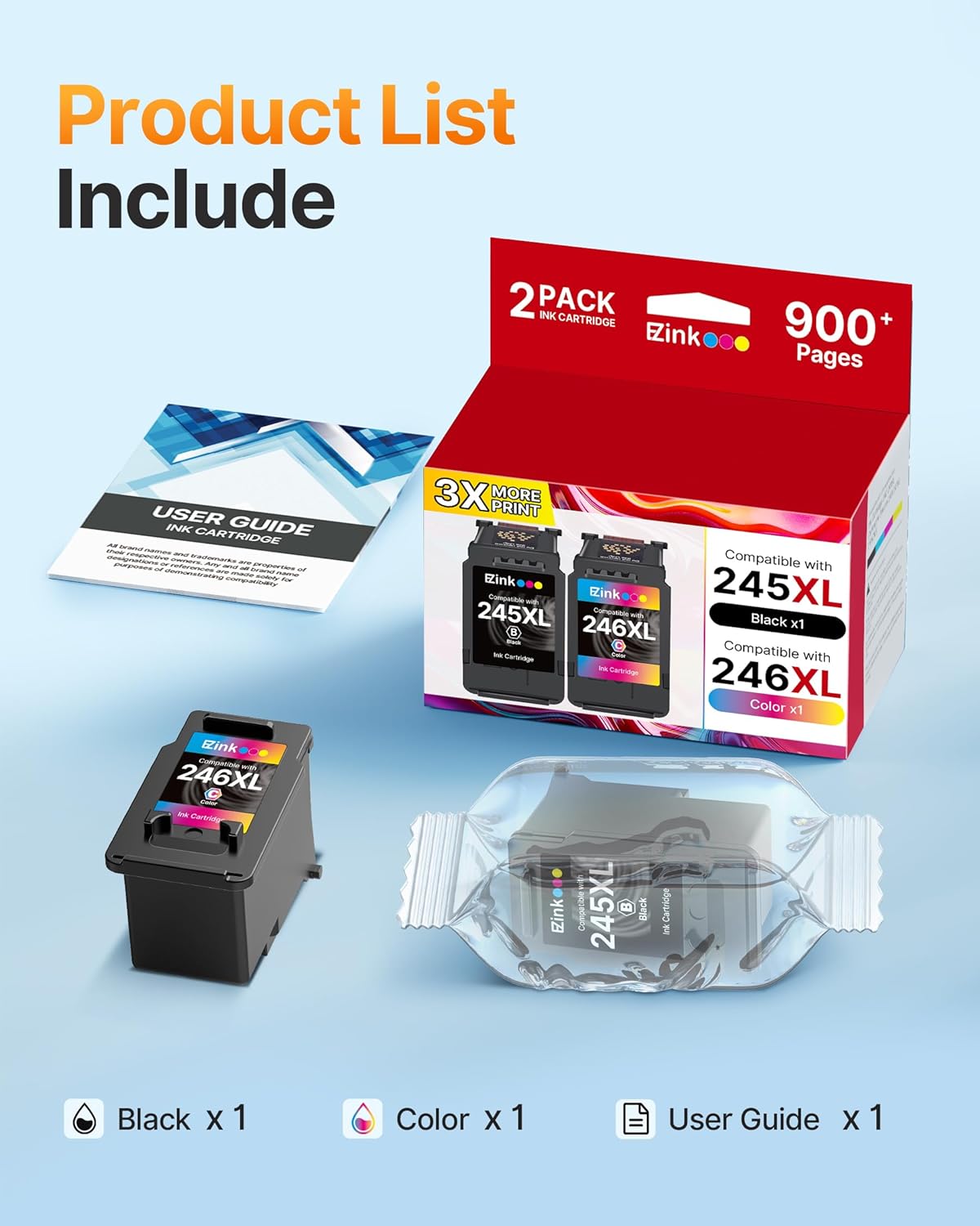 E-Z Ink PG-245 XL/CL-246 XL Ink Value Pack (1Black, 1Color) Replacement for Canon 245XL 246XL Combo Pack for Canon Ink 245 and 246 with Pixma MX490 MG2522 MX492 TR4520 MG3022 MG2520 TS3122 Printer.