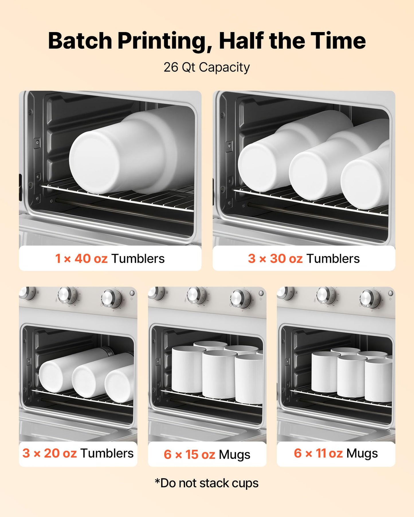 VEVOR Sublimation Oven Machine, 26 Qt, Fits 40oz Tumblers, with 1 Heat Air Gun, 50 Shrink Films, 1 Tape and 2 Heat Gloves, 360° Turbo Convection for Sublimation Blank Tumblers, Mugs, Bowls, Off-White.