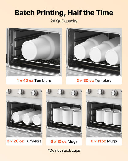 VEVOR Sublimation Oven Machine, 26 Qt, Fits 40oz Tumblers, with 1 Heat Air Gun, 50 Shrink Films, 1 Tape and 2 Heat Gloves, 360° Turbo Convection for Sublimation Blank Tumblers, Mugs, Bowls, Off-White.