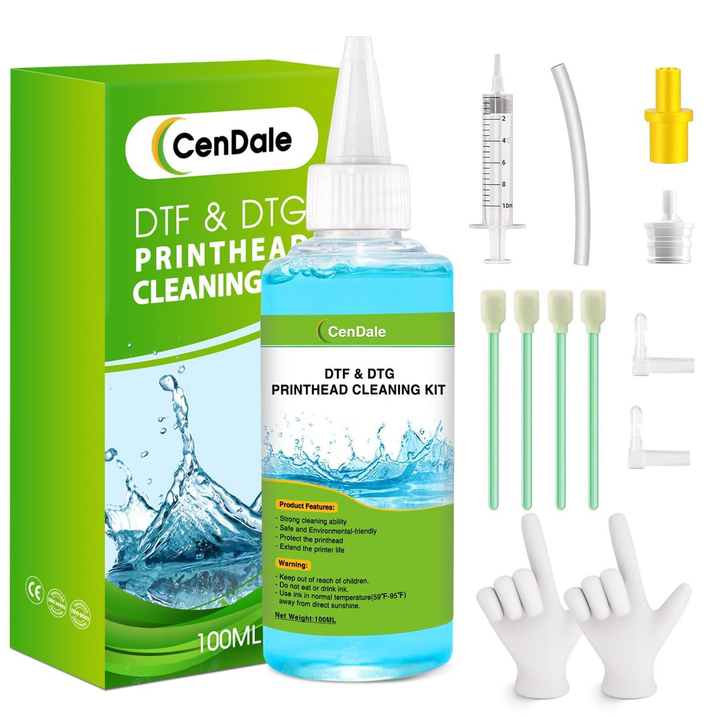 CenDale Premium DTF Printhead Cleaning Solution - Universal Printhead Cleaner Kit for Any DTF & DTG Printers, Print Head Cleaning Kit for Epson ET8550 L1800 XP15000 R1390 XP600 Ink Printer (100ML).