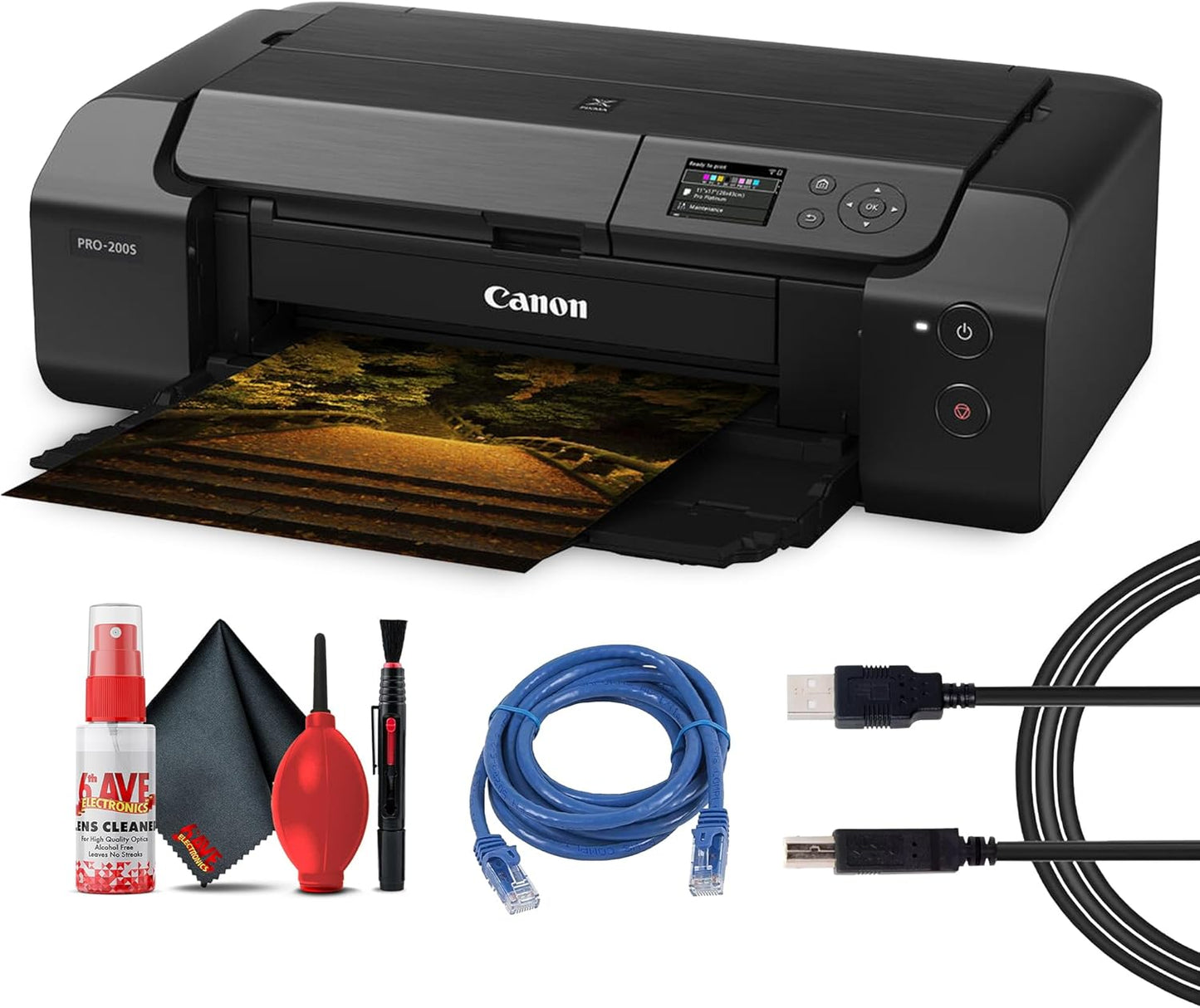 Canon PIXMA PRO-200S Wireless Photo Printer | 13-Inch Borderless Printing | 8-Color Dye Ink for Photographers & Designers (6875C002) + Cleaning Kit + Printer Cable + Ethernet Cable.