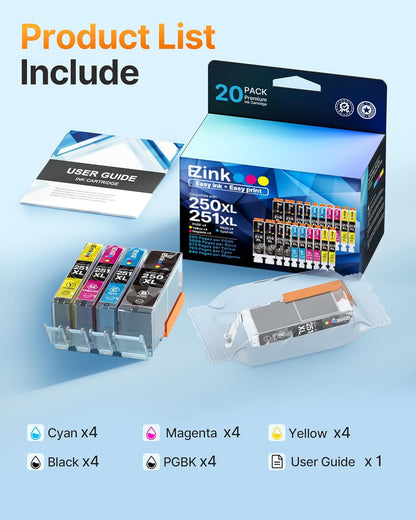 E-Z Ink Compatible Ink Cartridges Replacement for Canon 250 251 XL PGI-250XL CLI-251XL to use with Pixma MX922 MX920 MG5520 MG7520 IX6820 IP8720 MG6620 MG6320 MG7120 (20 Pack).