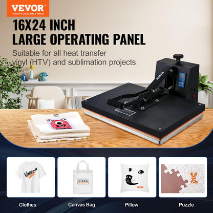 VEVOR Heat Press 16x24, 1700W Power Heat Press Machine, Fast Heating, High Pressure Heat Press Machine for T-Shirt, Digital Industrial Sublimation Printer for Heat Transfer Vinyl, Easy to Use, Black.