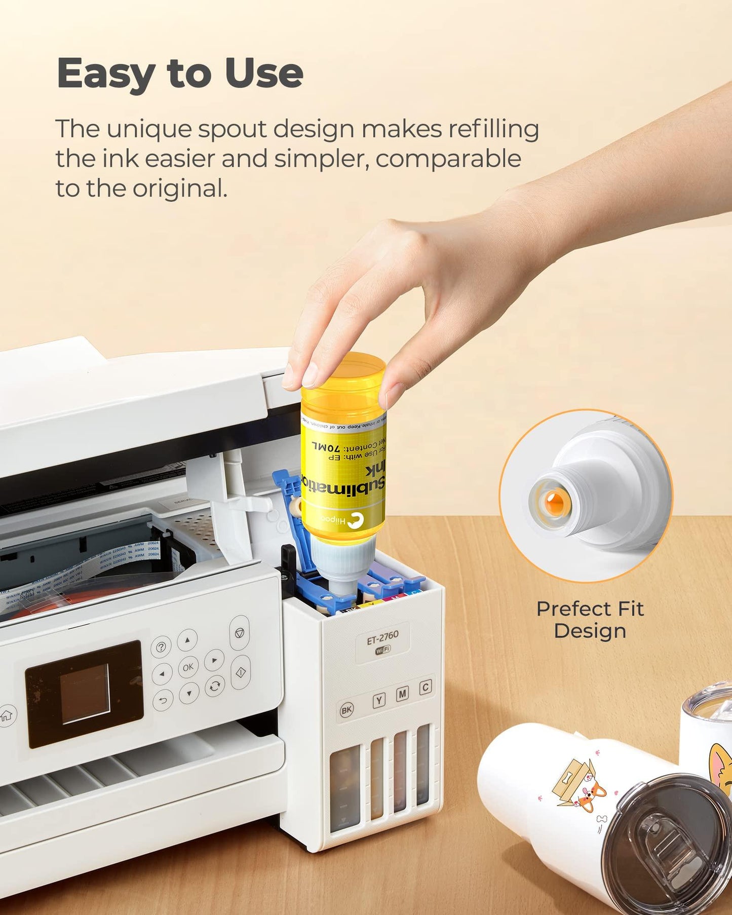 Hiipoo Sublimation Ink Refilled Bottles Compatible for ET2400 ET-2800 ET2720 ET2760 ET2750 ET4800 ET-2803 ET-2850 Inkjet Printers Heat Press Transfer on Mugs T-Shirts.