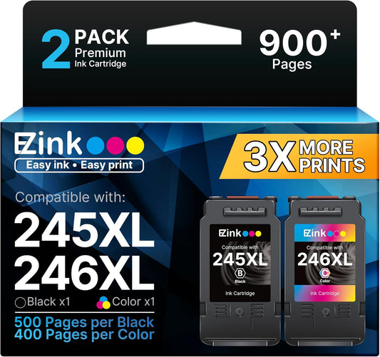 E-Z Ink PG-245 XL/CL-246 XL Ink Value Pack (1Black, 1Color) Replacement for Canon 245XL 246XL Combo Pack for Canon Ink 245 and 246 with Pixma MX490 MG2522 MX492 TR4520 MG3022 MG2520 TS3122 Printer.