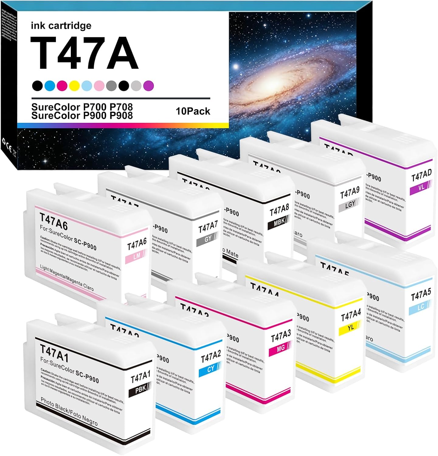 T47 T47A Ink Cartridge Remanufactured T47AD T47A1 T47A2 T47A3 T47A4 T47A5 T47A6 T47A7 T47A8 T47A9 Ink Cartridge Replacement for Surecolor P700 P708 P900 P908 Printer(10 Packs)