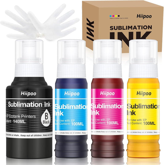 Hiipoo 440ML Sublimation Ink Refilled Bottles Compatible for ET2400 ET2720 ET2760 ET2750 ET4800 ET-2800 ET-2803 ET-2850 Inkjet Printers Heat Press Transfer on Mugs T-Shirts, 1BK/1C/1Y/1M.