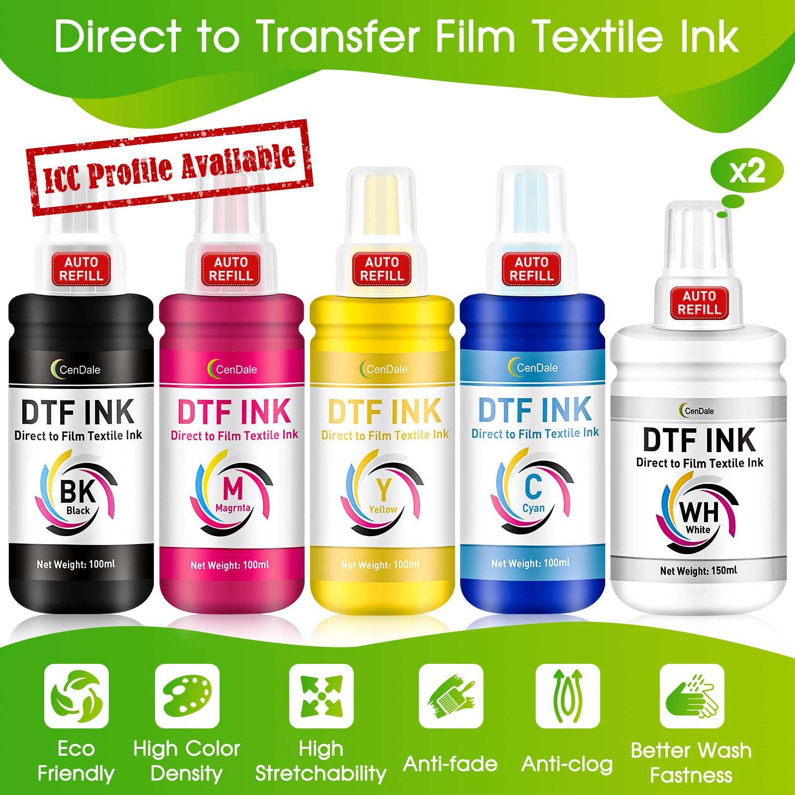 CenDale Upgraded Auto-Fill DTF Ink - 700ML DTF Transfer Ink for Epson ET-8550 ET-8500 Printers, Heat Transfer Printing Set 100ml x 4 CMYK, 150 x 2 White (Anti-UV/ICC-Free).