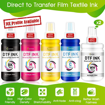 CenDale Upgraded Auto-Fill DTF Ink - 700ML DTF Transfer Ink for Epson ET-8550 ET-8500 Printers, Heat Transfer Printing Set 100ml x 4 CMYK, 150 x 2 White (Anti-UV/ICC-Free)