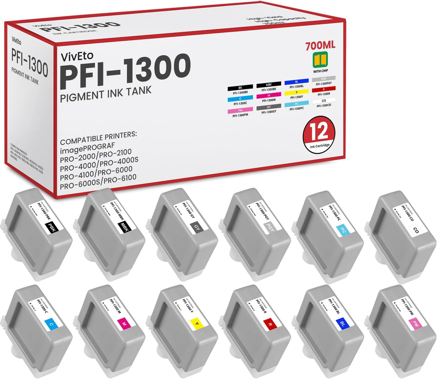 PFI-1300 Pigment Ink Tank 700ML (with New Chip) Replacement for Canon PFI-1300 Ink Cartridge for imagePROGRAF PRO-2000 PRO-2100 PRO-4000 PRO-4000S PRO-4100 PRO-6000 PRO-6000S Large Format Printer.