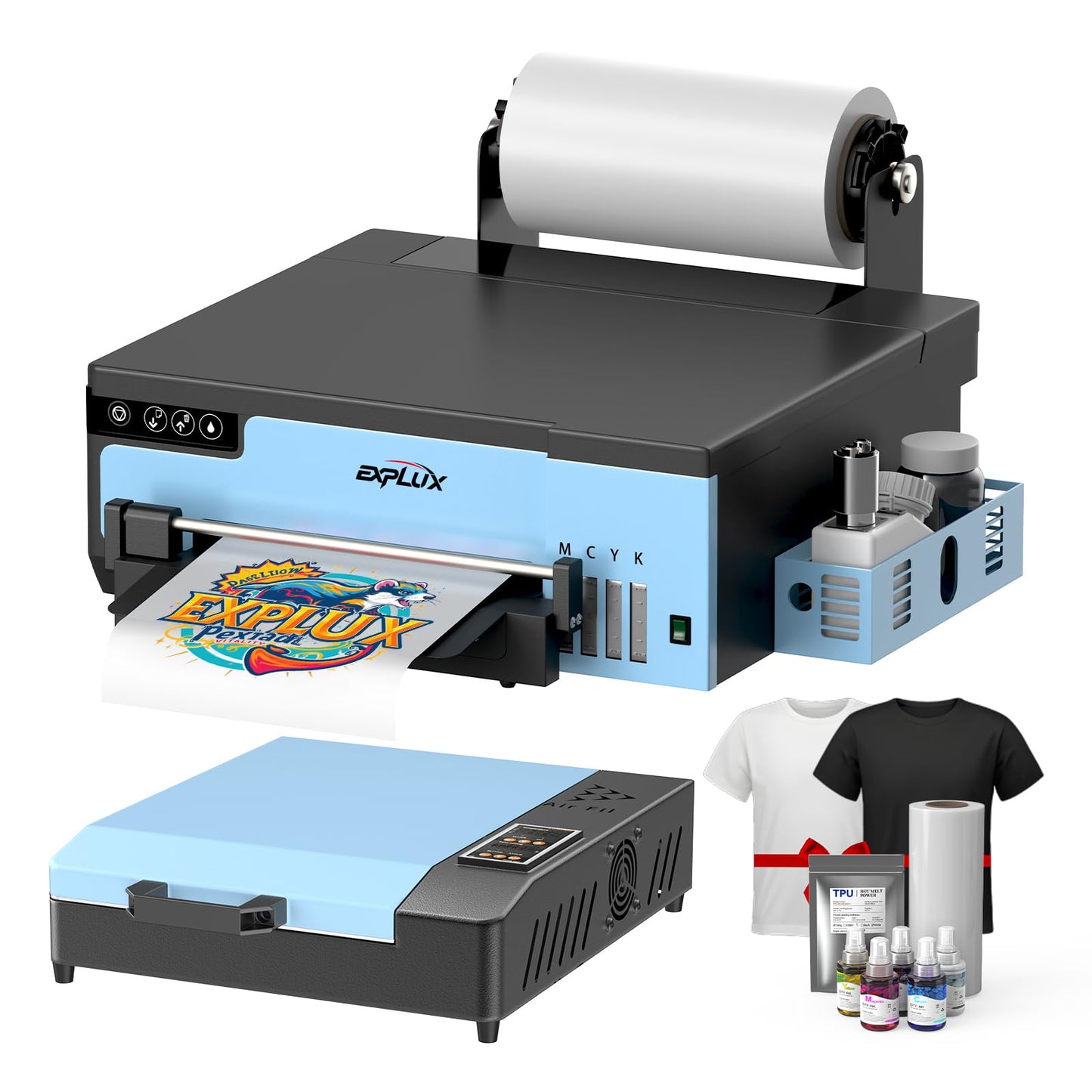 EXPLUX A4 DTF Printer with XP600 Anti-Clogging Printhead, 200% High-Speed Printing, Built-in White Stirring System for DIY T-Shirts & All Textiles, 2-Year Ink Included (A4, Printer+Oven).