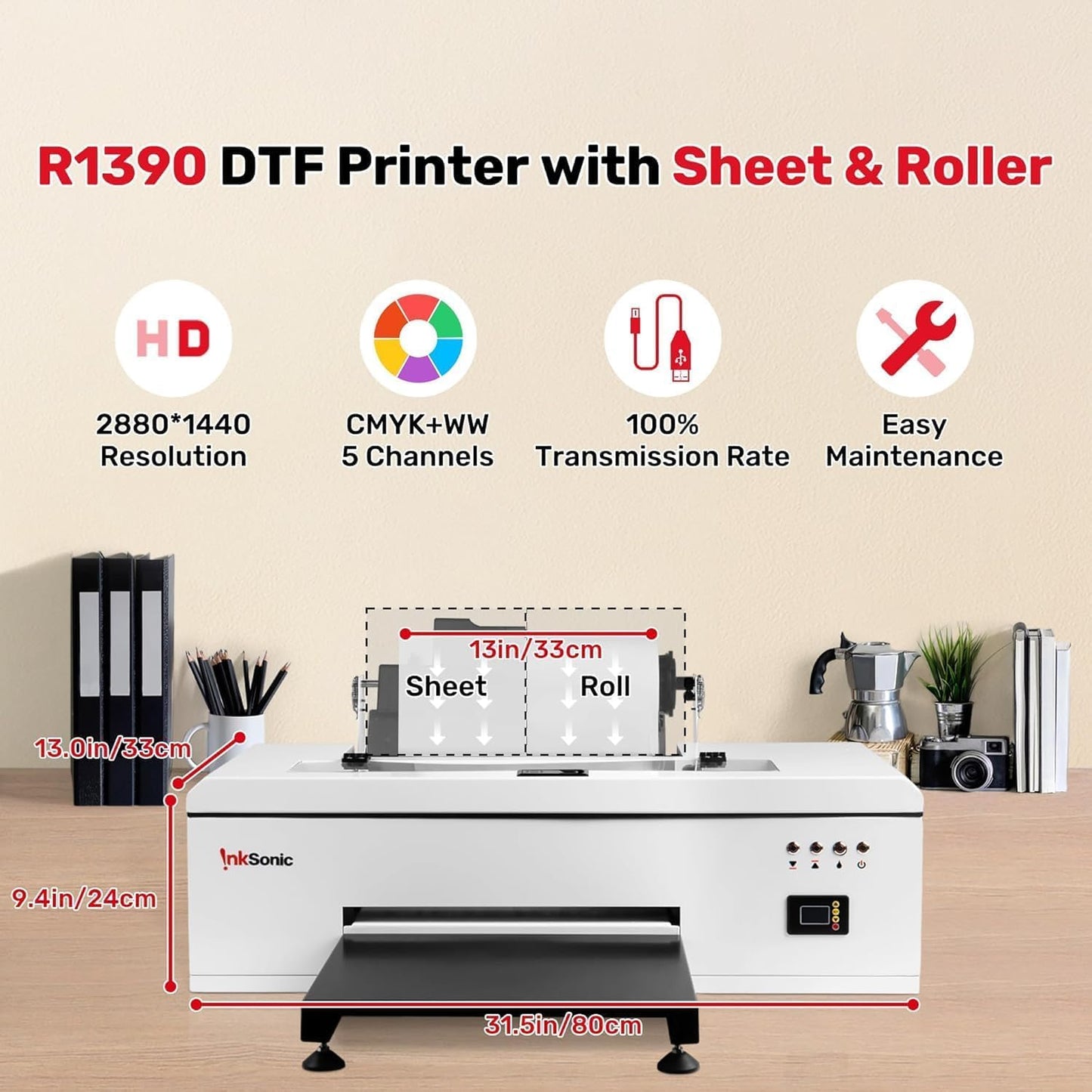 InkSonic R1390 DTF Printer Machine, A3 T-Shirt Printing Machine with Oven, 13" Format DTF Printer Bundles, T-Shirt Maker for Clothes Design,Direct to Film Heat Transfer, White Ink Circulation,1390.