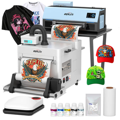 EXPLUX A4 DTF Printer with XP600 Anti-Clogging Printhead, 200% High-Speed Printing, Built-in White Stirring System for DIY T-Shirts & All Textiles, 2-Year Ink Included (A4, Printer+Oven).