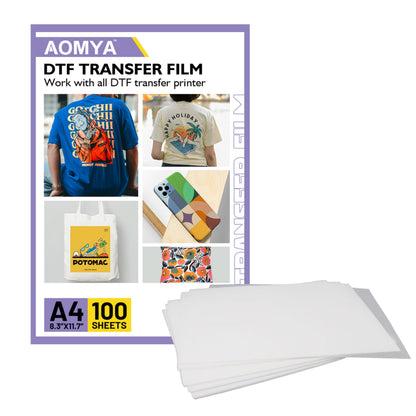 Aomya 100 Sheets DTF Transfer Film Paper 8.3" x 11.7"Double-Sided Matte,Clear PET Heat Transfer Paper Cold Peel DTF Transfer Paper for All DTF Printers & Material,Textile, Polyester, Cotton etc.