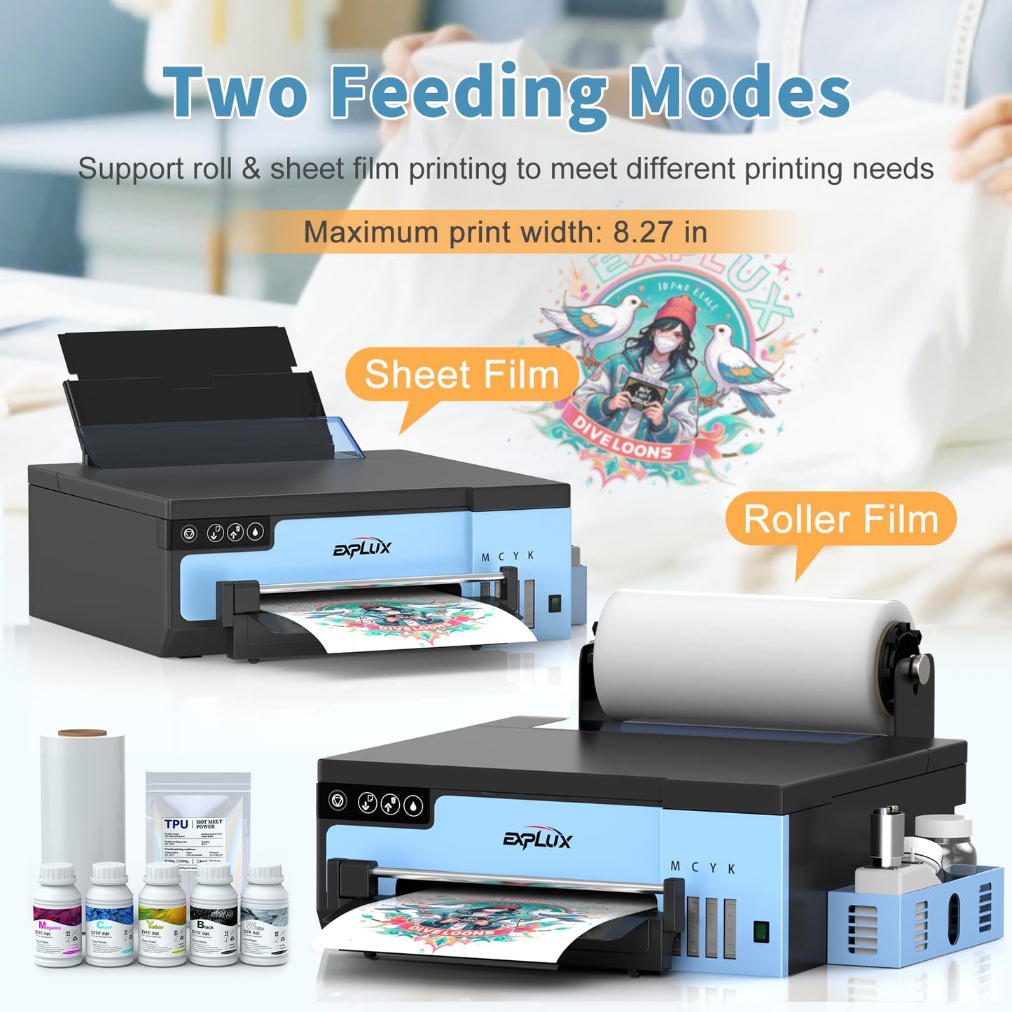 EXPLUX A4 DTF Printer with XP600 Anti-Clogging Printhead, 200% High-Speed Printing, Built-in White Stirring System for DIY T-Shirts & All Textiles, 2-Year Ink Included (A4, Printer+Oven)